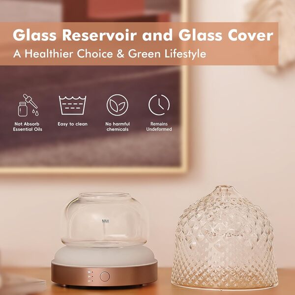 Diffuseur d'huiles essentielles avec réservoir en verre de 200 ml avec dôme en verre, diffuseur d'aromathérapie à ultrasons avec quatre minuteurs, lumière colorée, arrêt automatique, pour cadeau,