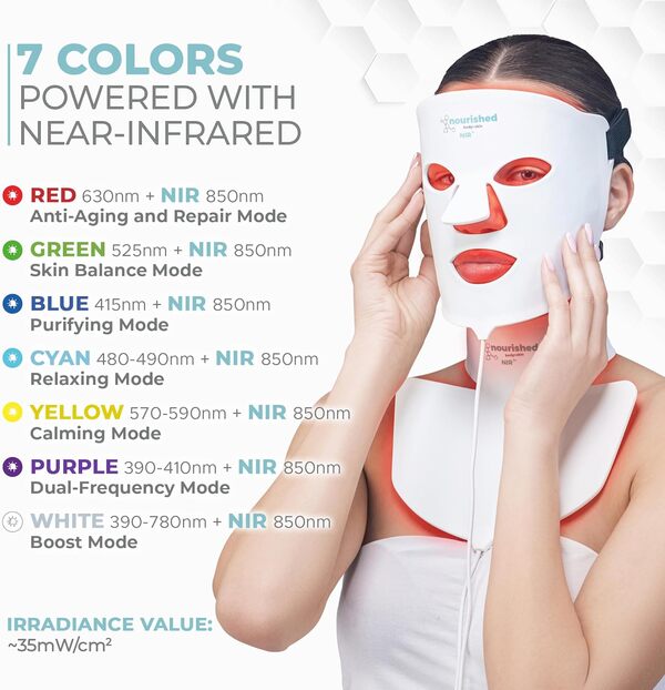 Masque LED 7 couleurs visage et cou avec infrarouge proche - Luminothérapie bleue, rouge pour le visage - 228 LED - Outil de soin pour l'anti-âge