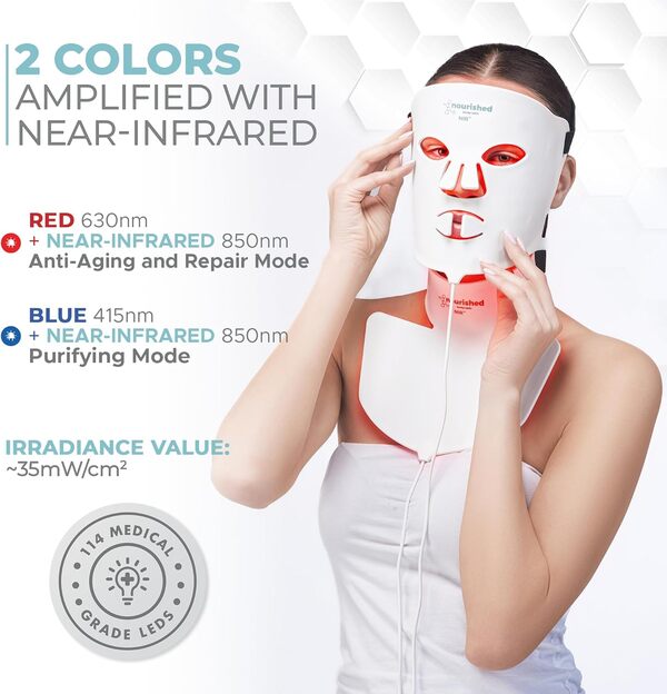 Nourished Bodynskin Masque LED visage et cou avec infrarouge proche - Luminothérapie bleue, rouge pour le visage - 228 LED - Outil de soin pour les rides, anti-âge