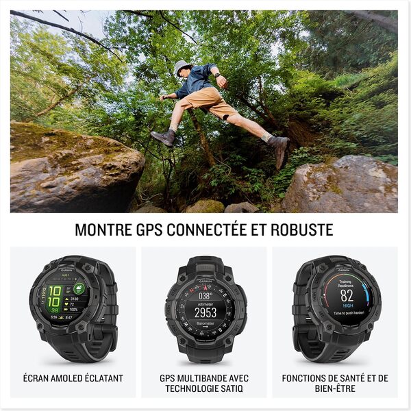 Garmin Instinct 3, AMOLED - Montre GPS Robuste et connectée – Noir avec Bracelet Noir – Boîtier 45 mm