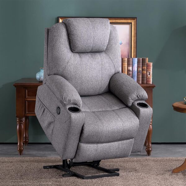 M MCombo Fauteuil Relax avec Aide à la levée électrique, Fauteuil Relax avec Fonction Inclinaison jusqu'à 140°, Massage et Chauffage, avec Port USB, 7040 (Gris-Tissu)