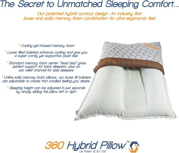 Oreiller confortable hybride à 360°, soutien cervical profilé du cou et des épaules, dos orthopédique, sommeil, côté ventral, sensation ergonomique en peluche, mousse à mémoire de forme infusée de gel