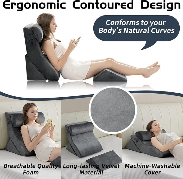 Qirroboni Lot de 4 oreillers orthopédiques réglables pour soulager les douleurs du cou, du dos et des jambes en mousse post-opératoire, brûlures d'estomac, anti-ronflement, reflux acide et RGO, gris