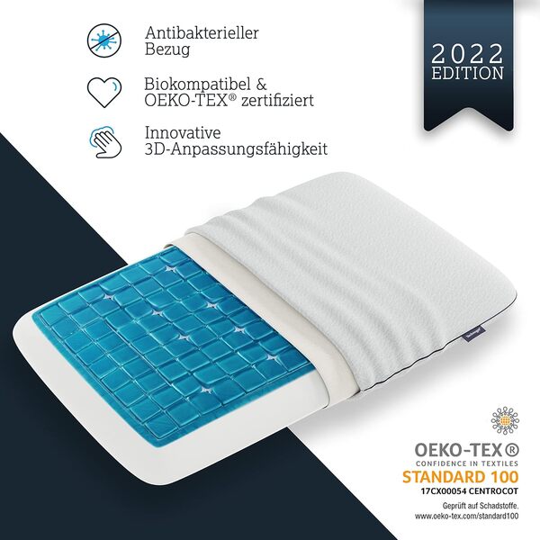 Technogel New Generation Original Deluxe Oreiller orthopédique en Gel HWS antibactérien pour Les Personnes Dormant sur Le Dos et sur Le côté avec taie d'oreiller