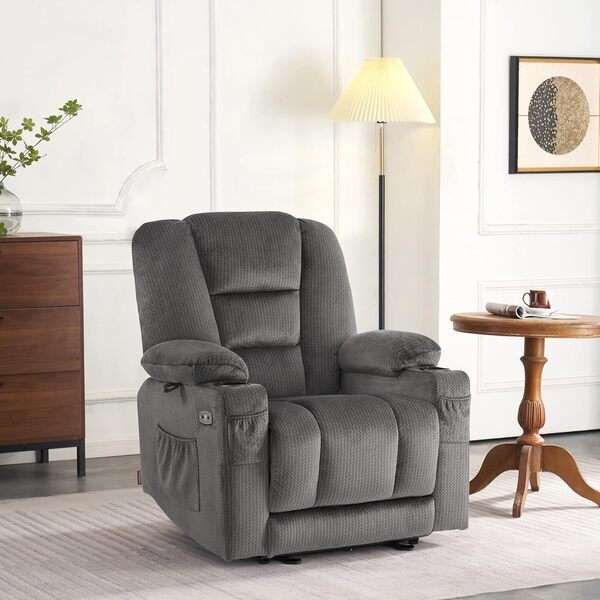M MCombo Fauteuil TV à réglage électrique, Fauteuil Relax avec Fonction Chaise Longue, Fauteuil TV avec Fonction Massage & Chauffage, USB & Porte-Boissons, Salon, Tissu,7008 (Gris)