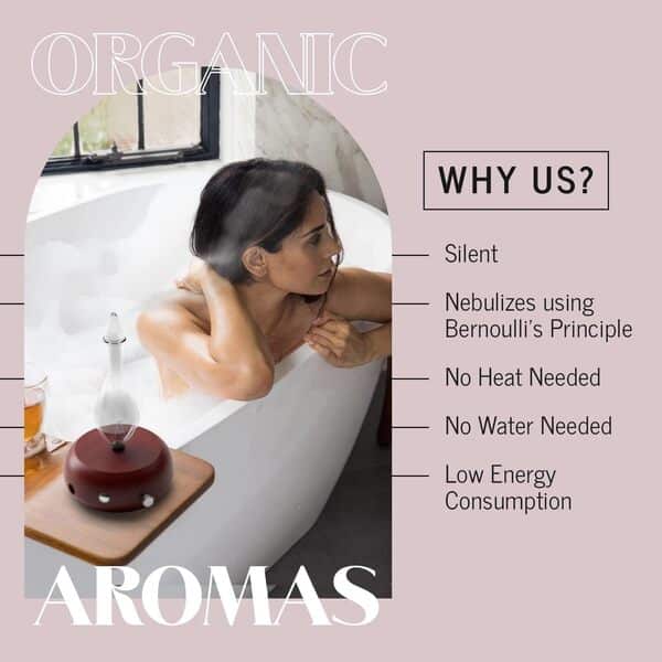 Organic Aromas Diffuseur d'huiles essentielles nébulisantes – Magnifique diffuseur d'aromathérapie en Verre foncé Fait à la Main avec Base en Bois, diffuseur de lumière LED pour la Maison, Cadeau de