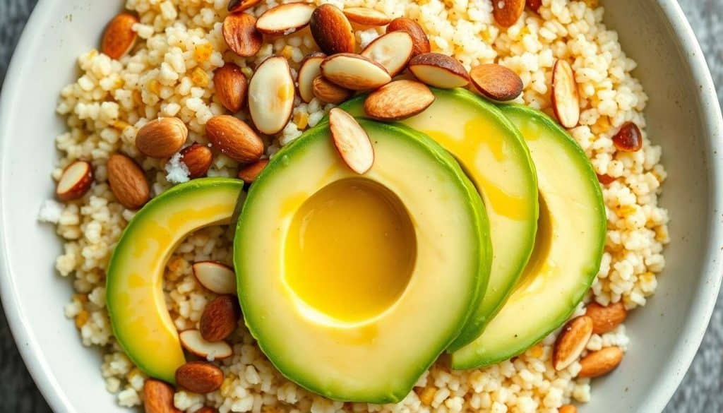 Salade de quinoa, avocat et amandes à l'huile de noix