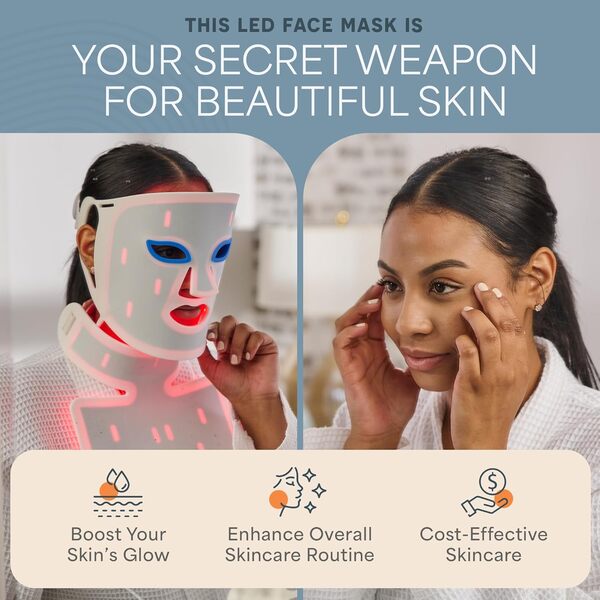LifePro Red Light Therapy Masque de luminothérapie à LED avec 3 couleurs pour le visage et le cou Appareil de soins de la peau portable pour les visages à domicile