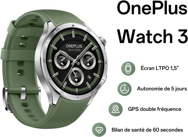 OnePlus Montre Connectée Watch 3, Bracelet 22 mm, Écran LTPO 1,5