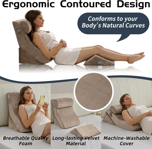 Qirroboni Lot de 4 oreillers orthopédiques réglables pour soulager les douleurs au cou, au dos et aux jambes - Mousse confortable après chirurgie - Brûlures d'estomac, anti-ronflement, reflux acide et