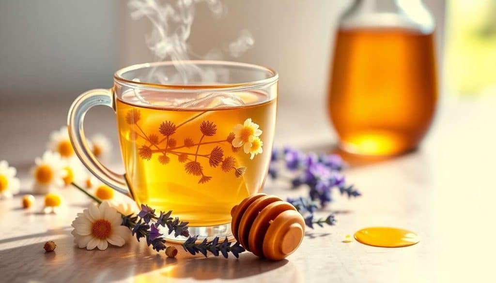 Infusion de camomille et miel avec un nuage de lavande
