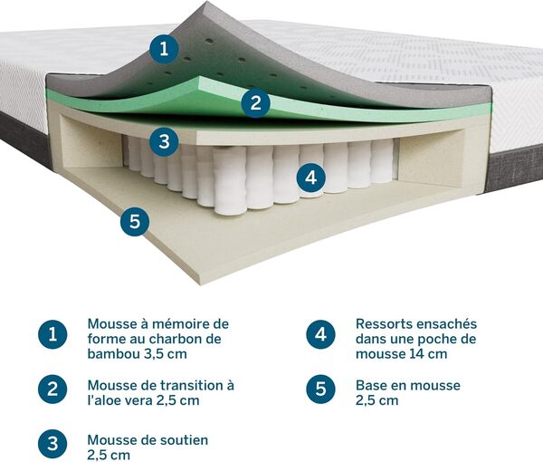 LUCID Matelas hybride, 25 cm epaisseur – Charbon de bambou et aloe vera – Memoire de forme & ressorts ensachés – Anti-odeur – Oeko-Tex – Dureté médium – 140x200 cm, 2 personnes