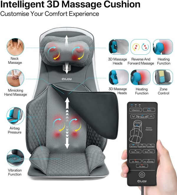 ALLJOY Fauteuil Massant Shiatsu Coussin de Massage Dos avec Compression et Chaleur, Siege Massant pour Massage du Cou et du Dos dans, Cadeau pour Maman Papa Homme Femme