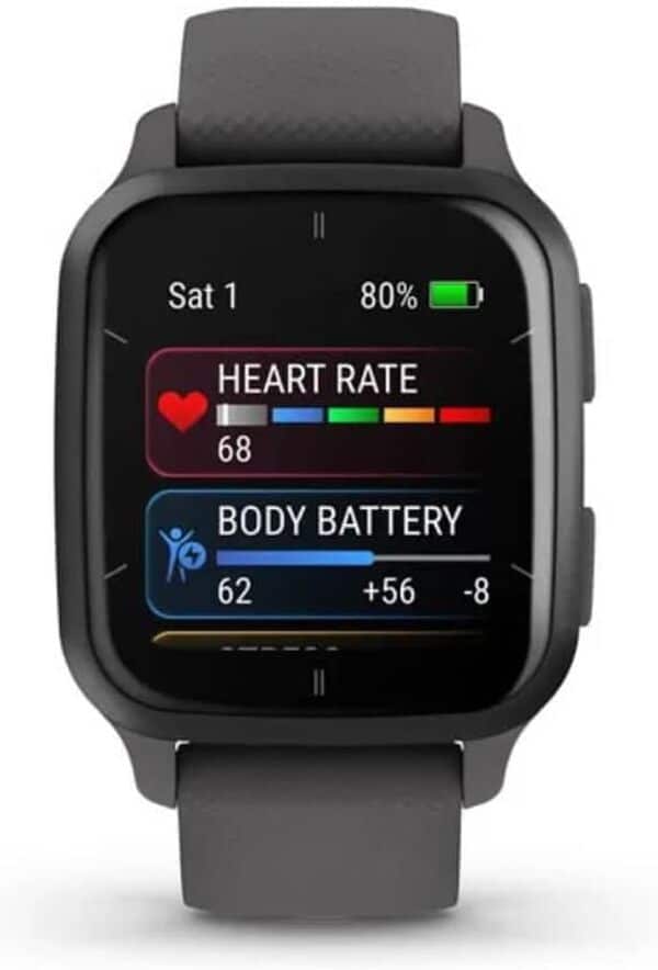 Garmin Venu Sq 2 - Montre connectée GPS Multisports avec écran AMOLED et Suivi santé - Gray avec Bracelet Gris foncé - Boîtier 40 mm Noir