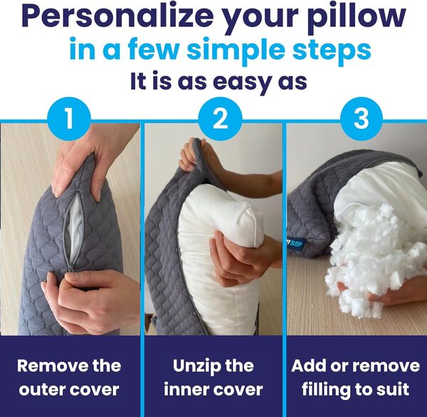 Sidney Sleep Oreiller de lit pour dormeurs sur le côté et le dos – Rembourrage réglable – Oreiller en mousse à mémoire de forme pour douleurs au cou et aux épaules – Loft personnalisable – Taille