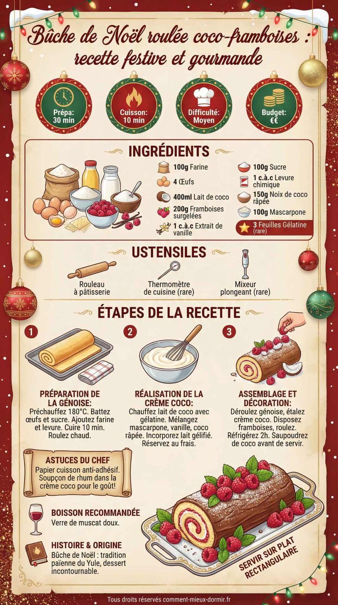 Infographie de la recette Bûche de Noël roulée coco-framboises : recette festive et gourmande Infographie de la recette Bûche de Noël roulée coco-framboises : recette festive et gourmande