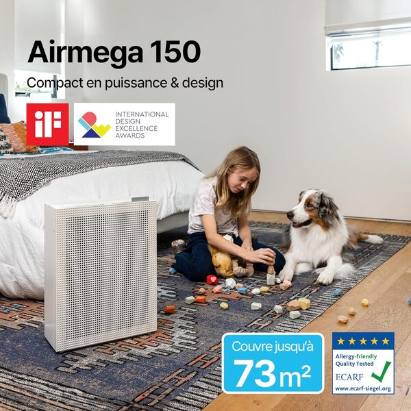 COWAY Purificateur d'air Maison, Certifié Quietmark, Mode Veille 20db, Elimine jusqu'à 99,999% Particules Nocives jusqu'à 0,01 µm pour Allergies (Certifié ECARF), Fumée, Pollen - AIRMEGA 150 (Blanc)