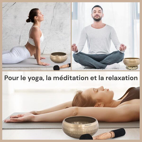 Lot de Bol Chantant Tibétain Om pour Yoga, Méditation et Détente - Bol Chantant Tibétain Peint à la Main Ø 16 cm, Double Maillet avec Feutre et Cuir, Coussin d'Anneau, Sac et Instructions