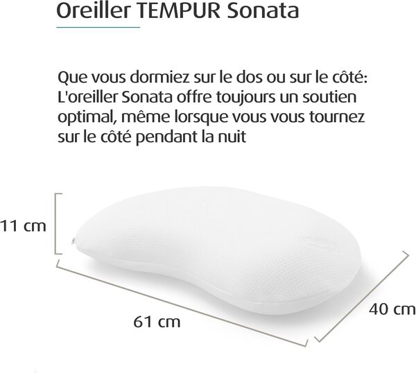 TEMPUR Sonata Oreiller viscoelastique en matériau TEMPUR, oreiller ergonomique cervical pour dormir sur le dos ou sur le côté, oreiller firm, M (61 x 40 x 11 cm), Blanc