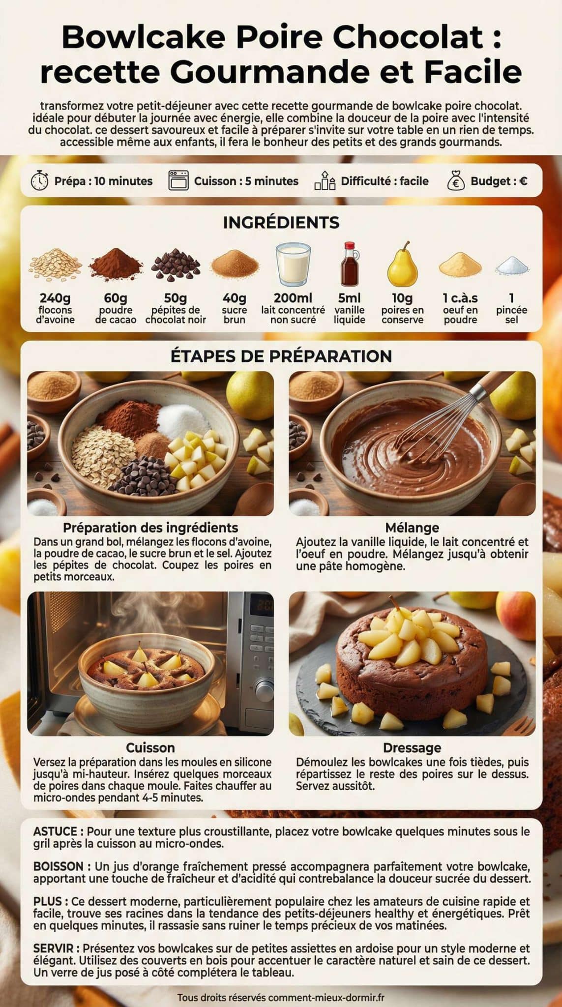 Fiche recette Bowlcake Poire Chocolat : recette Gourmande et Facile