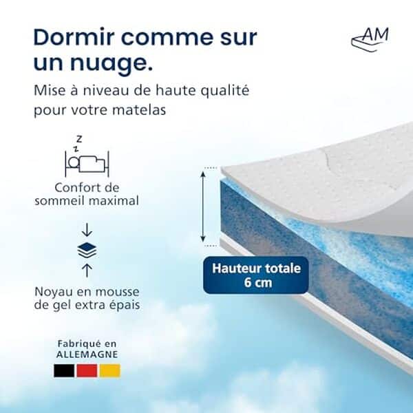 Découvrez le surmatelas AM Qualitätsmatratzen 180x190 à mousse gel : solution idéale pour améliorer la qualité de votre sommeil avec un confort exceptionnel et un soutien optimal